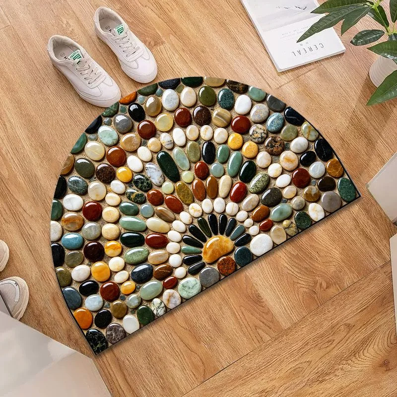 VIKAMA Multicolor Pebble Half Round Bath Mat, Non‑Slip Water Absorbent Natural Stone Bathroom Floor Rug
