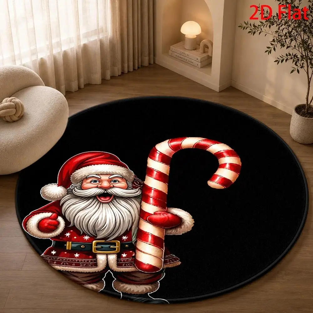 1pc Large Santa Claus Celebration Printed Round Area Rug, 2D Flat Print Machine‑Washable Floor Mat for Living Room,Office,Indoor