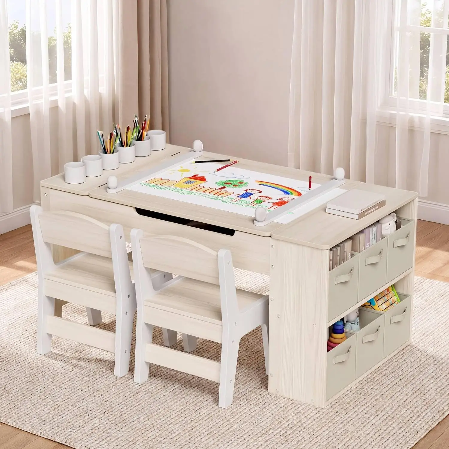 Kids Art Table and Chairs Set, 3 in 1 Toddler Craft Desk w/Easel, Sturdy Wood Activity Table w/Large Drawing Tabletop, Paint Cu