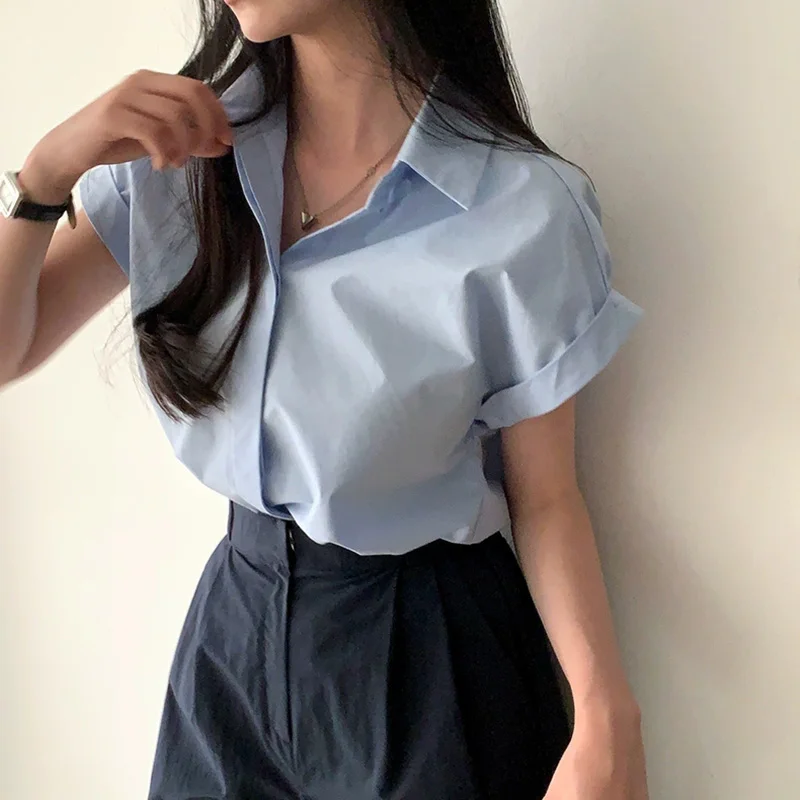 Korean Style Summer Solid Color Lapel Simple Casual Fashion All-Match Basic Roll Short-Sleeved Shirt Top