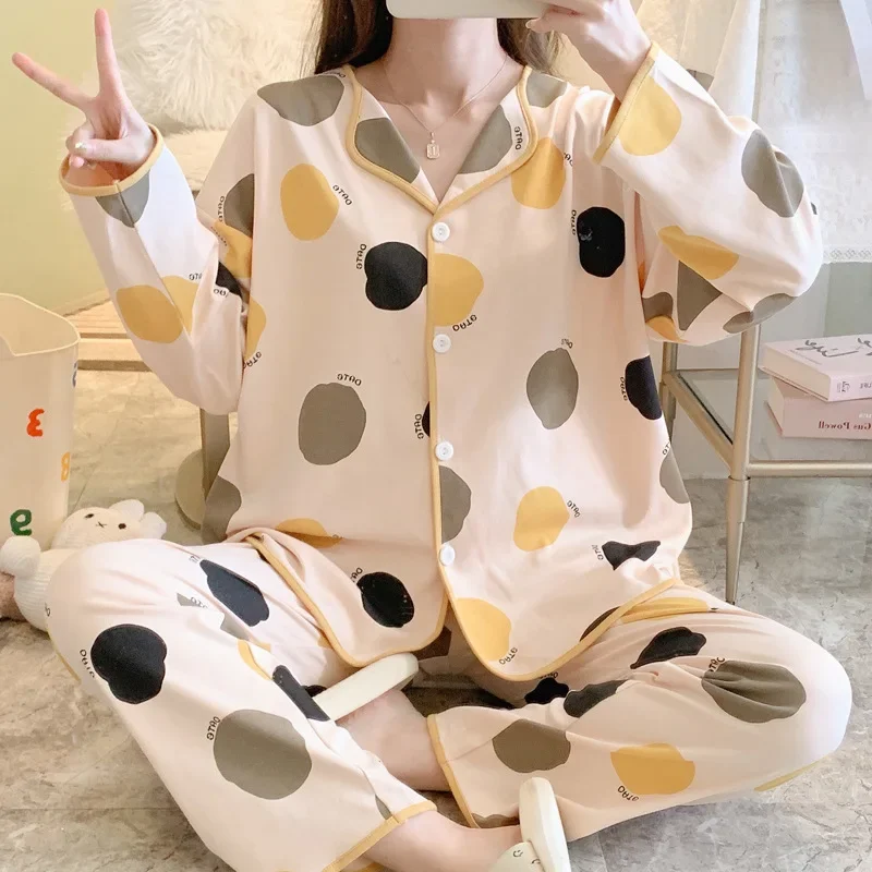 Women's Cartoon Printed Pajamas Spring Autumn Cardigan Pajamas New Long-sleeved Cute Girl Casual Loose Student Suit Loungewear