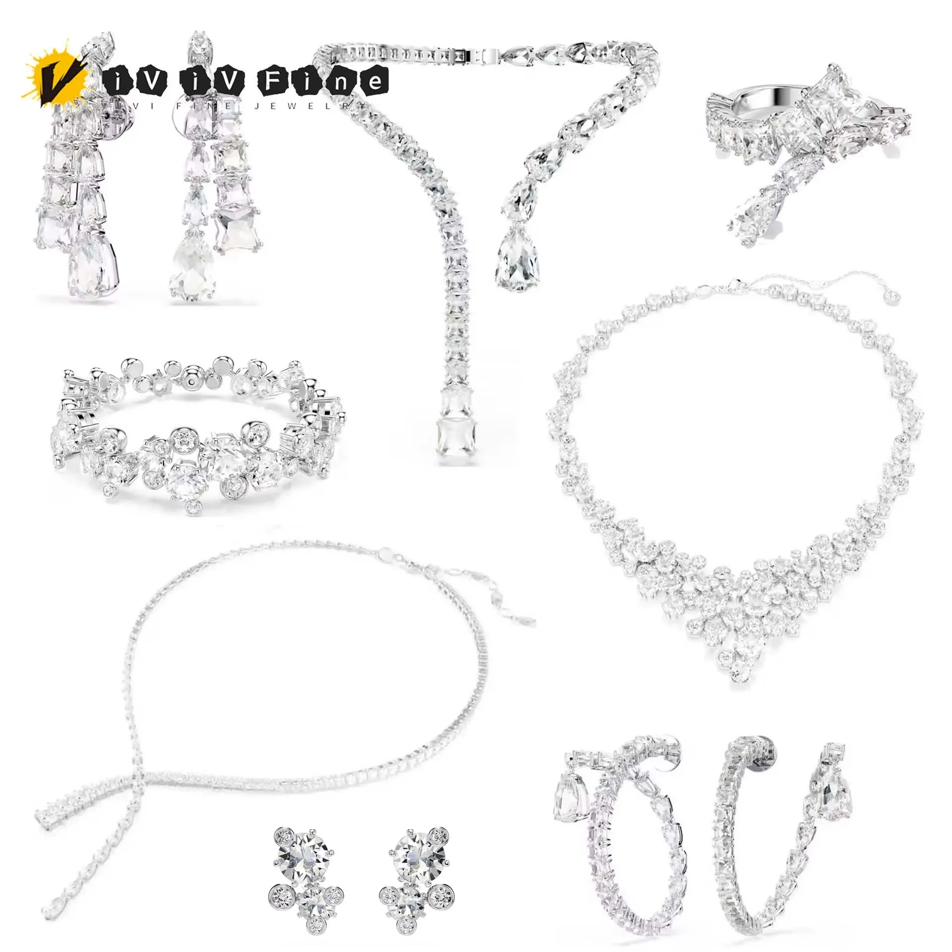 Original 2025 conjunto de joyería de boda de cristal de corte brillante de alta calidad encantador collar geométrico para mujer pendiente pulsera anillo