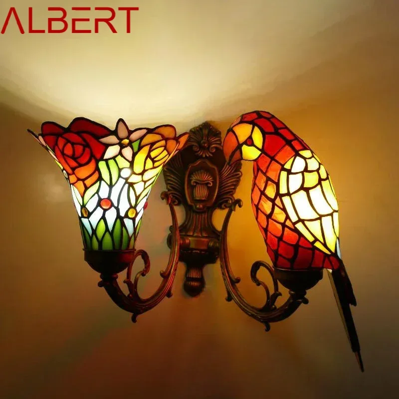 ALBERT Tiffany parrot Wall Lamps American countryside Children's room Homestay Villa Hotel Stained Glass Animal Decoration Lamp