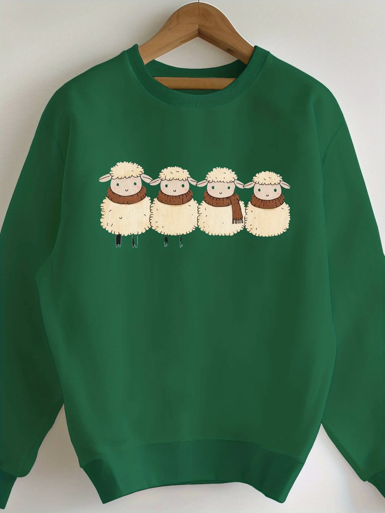 Plus Size Women's Cozy Green Sweatshirt with Adorable Sheep In Scarves Design - Casual Long Sleeve, Round Neck, Polyester Knit