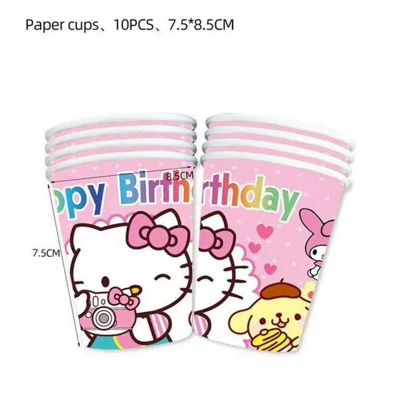 Juego de decoración para fiesta de cumpleaños de Hello Kitty, vajilla desechable para niños y niñas, vasos y platos, servilletas, suministros de paja para fiesta de bebé, 9 Uds.