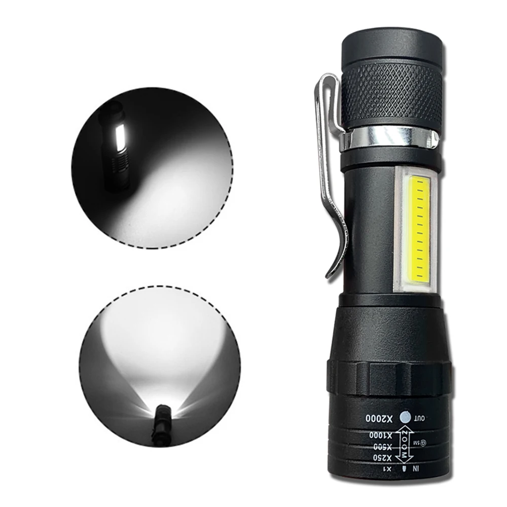 Portable LED Flashlight XPE COB Light Rechargeable Flashlight Built-in Battery Zoom Flashlight 3 Mode ​Anti-slip And Water