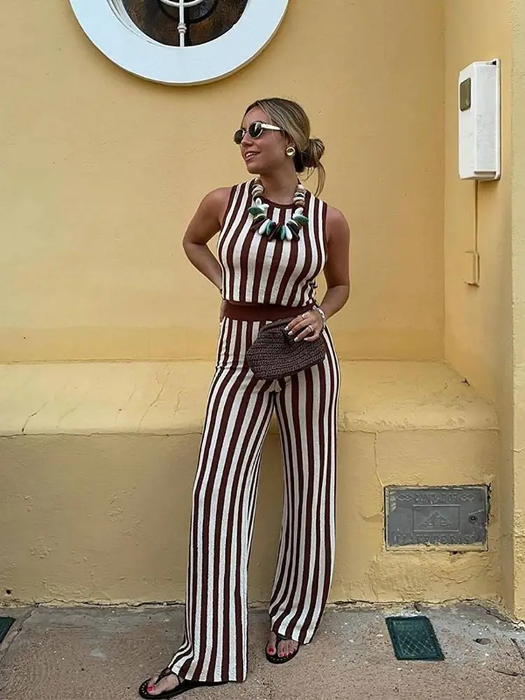 

Women Chic Contrasting Stripes Printed Crop Tops Pants Suits Elegant O Neck Sleeveless Slim Top Wide Leg Pants Set Lady Outfits