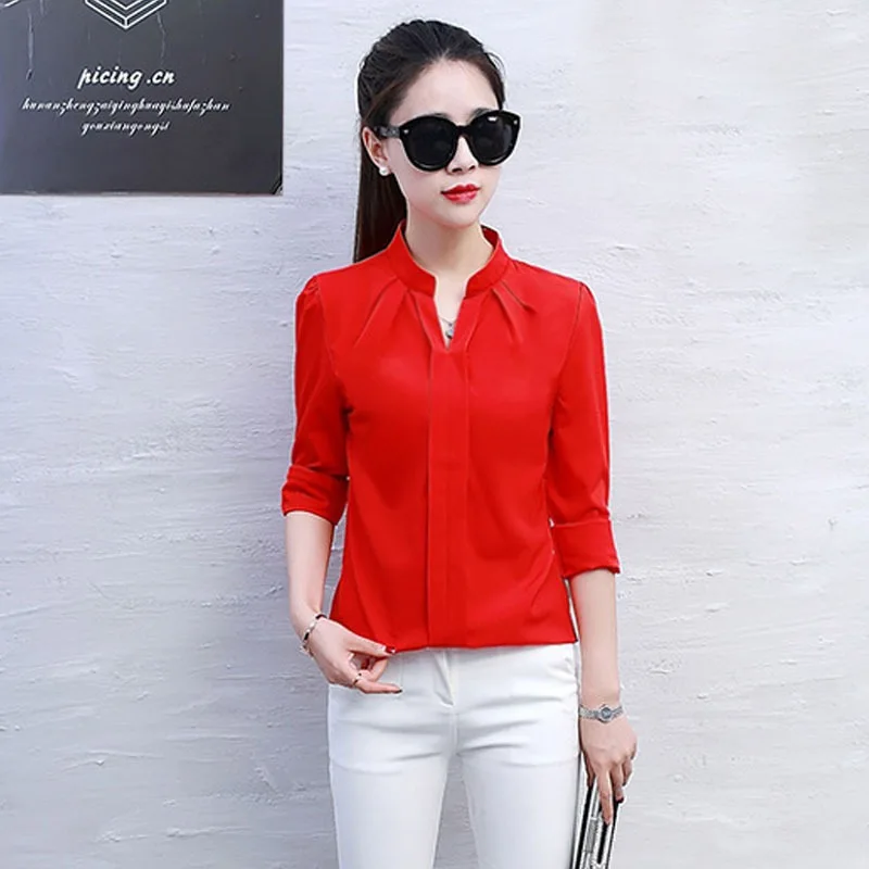 Women Ol Formal Long Sleeve Chiffon Shirt Breathable Summer Spring Fashion Sexy V-Neck Blouse Korean Version Fashion Office Tops