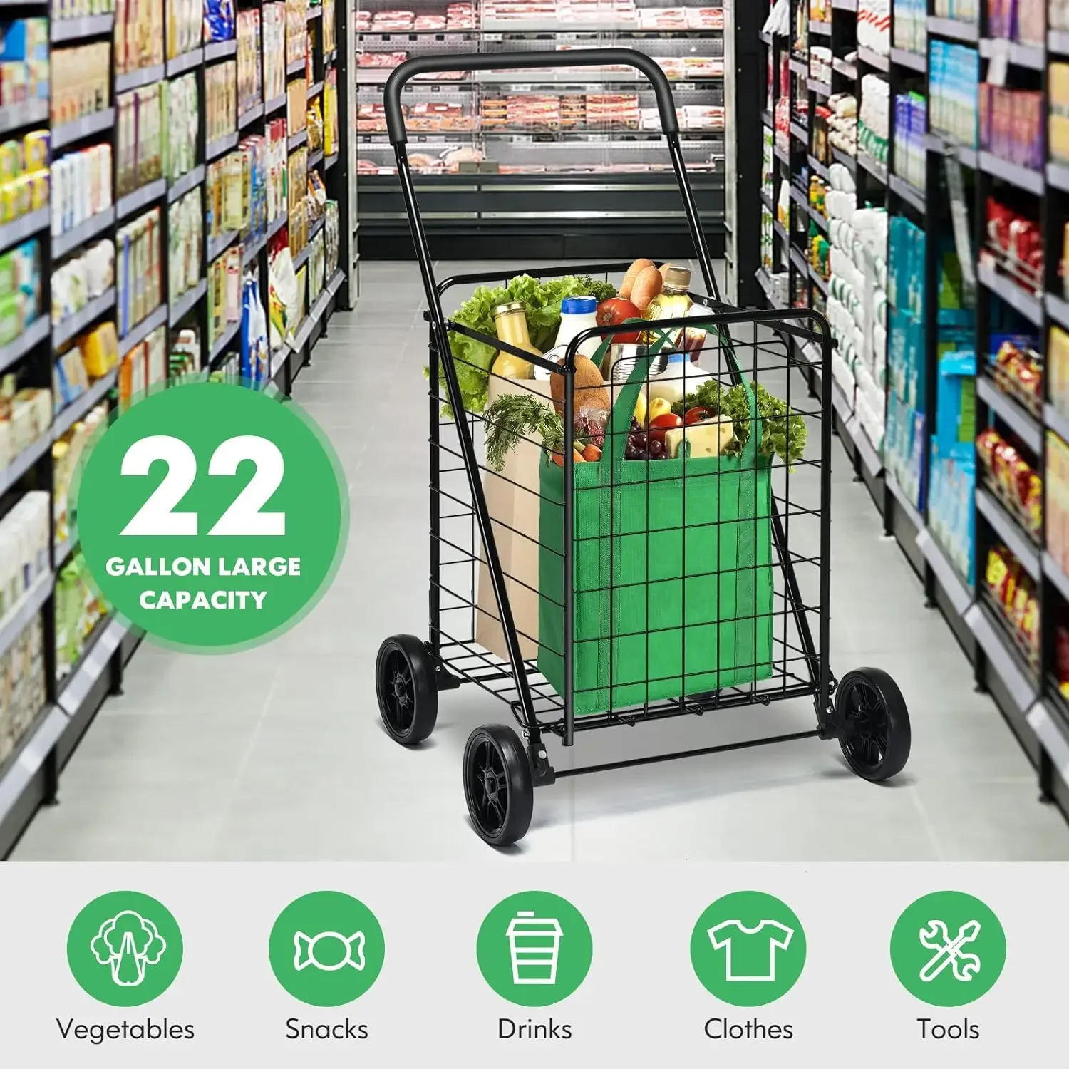 Folding Shopping Cart With Waterproof Bag Grocery Cart Trolley 23 Gal Double Basket & 360° Swivel Wheels