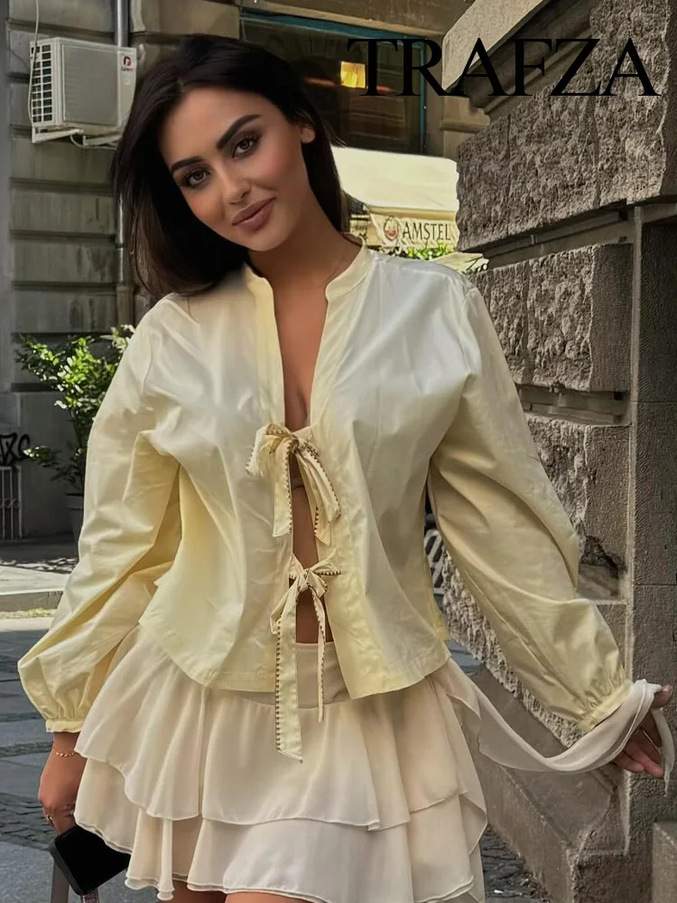 

TRAFZA Women's Summer New Thin Fashion V-neck Bow Lace-up Poplin Short Shirt Female Versatile Elegant Casual Cardigan Top Mujer