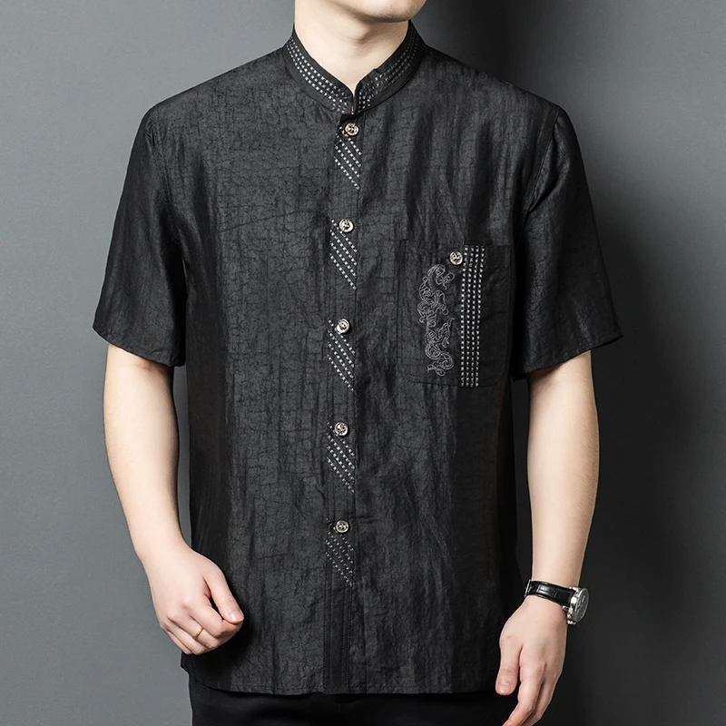 

Embroidery Luxurious Silk Shirts For Men Lightweight Breathable Summer Quality Gambiered Canton Gauze National Camisas De Hombre