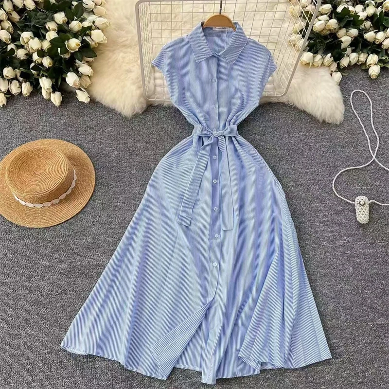 Damen Sommerkleid, neu, gestreift, mit Bindegürtel, schmal geschnitten, ärmellos, Midikleid, lässig, elegant, für Büro und Freizeit, mit Taschen, DR1970 – Detail 13