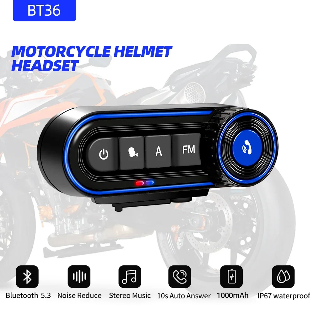 

BT36 Motorcycle Helmet Headset Stereo Bluetooth Hands Free Call 2 Speaker Ipx7 Waterproof 1000Mah with Tri-Color Ambient Light