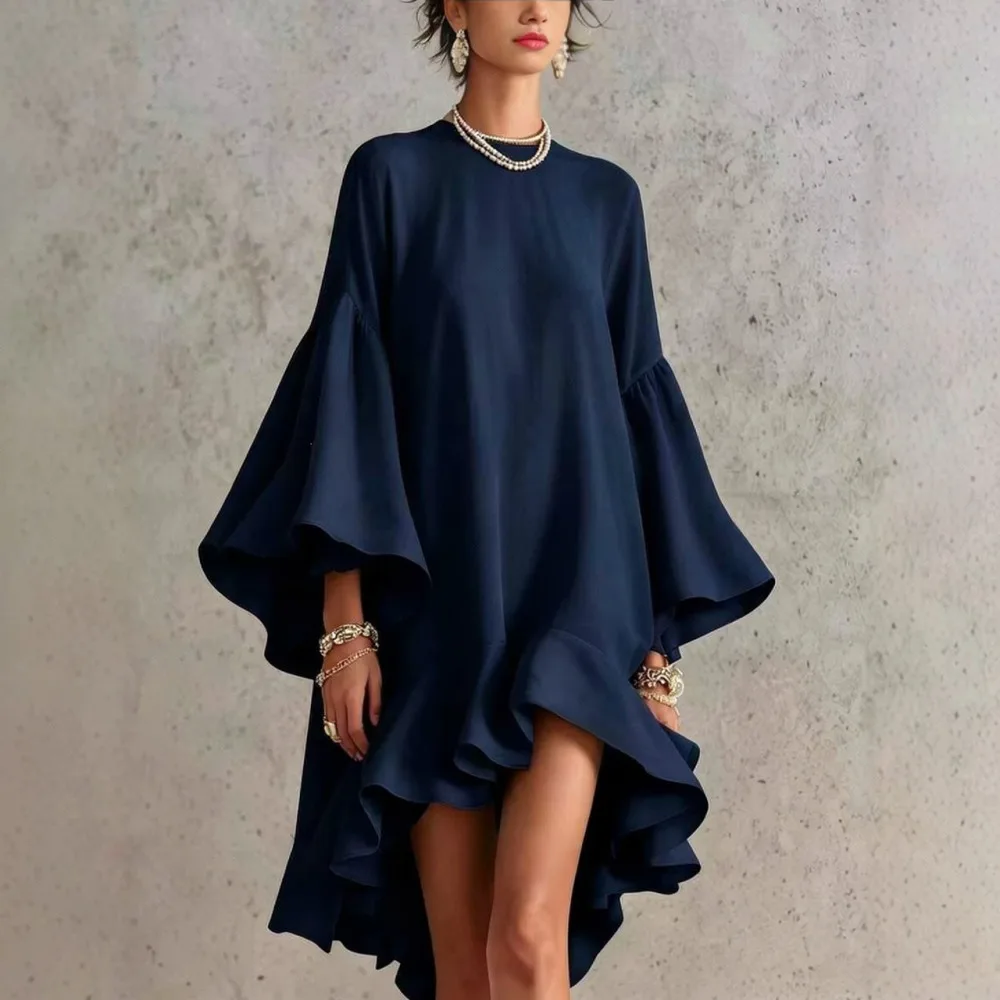 Fashion Womens Chiffon Dress O Neck Flare Long Sleeve Ruffle Asymmetric Hem Loose Fit Casual Party Wedding Elegant