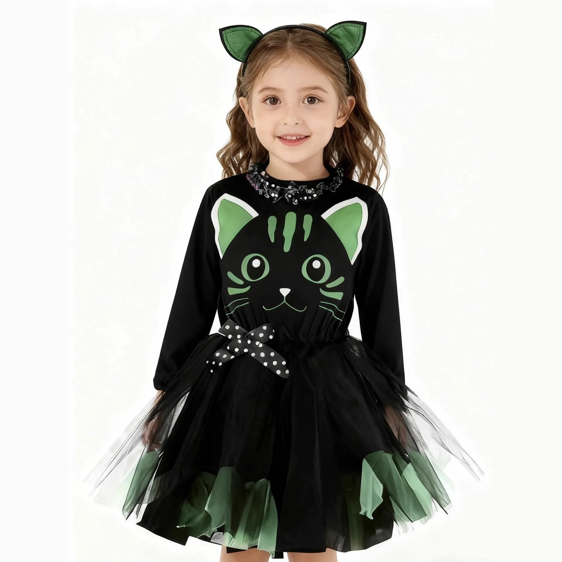 Kids Halloween Role Play Dress Girls Black Cat Tulle Skirt with Headband Broom Candy Bag for Trick or Treat Party Performance