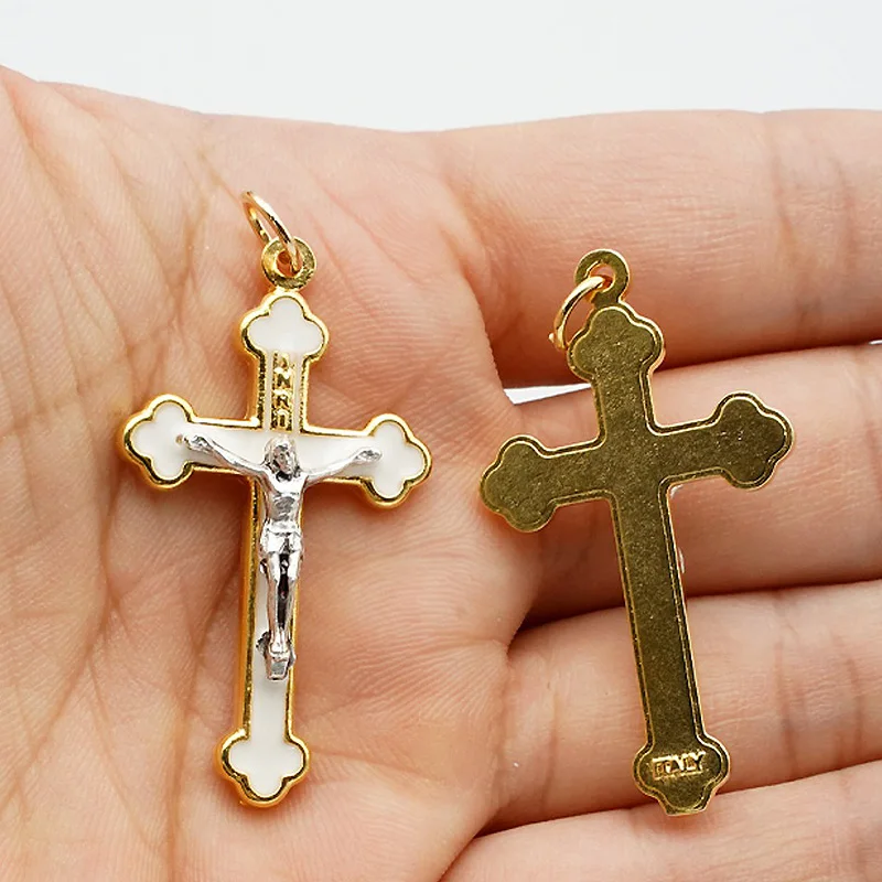 Catholic Golden Cross Pendant 3.5cm Enamel White Bail Color DIY Rosary Accessories Religion Jesus Christ Jewelry Making Supplies