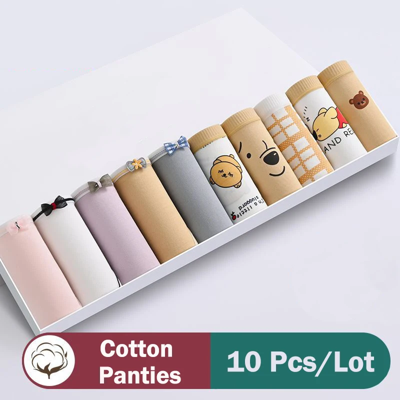 

10 шт./компл. женские трусики с героями мультфильмов, хлопковые трусы с принтом, трусики для девочек, нижнее белье, однотонное сексуальное женское нижнее белье