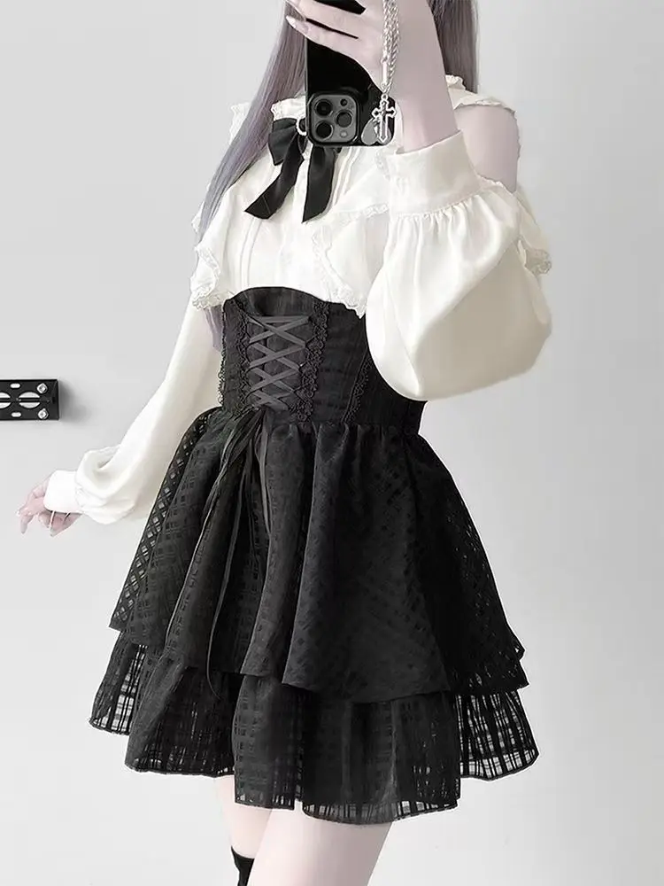 ダークゴシックボウロングスリーブサブカルチャースーツ新作オフショルダーレースツーピースセットレディースファッションスイートスリムレトロアウトフィット