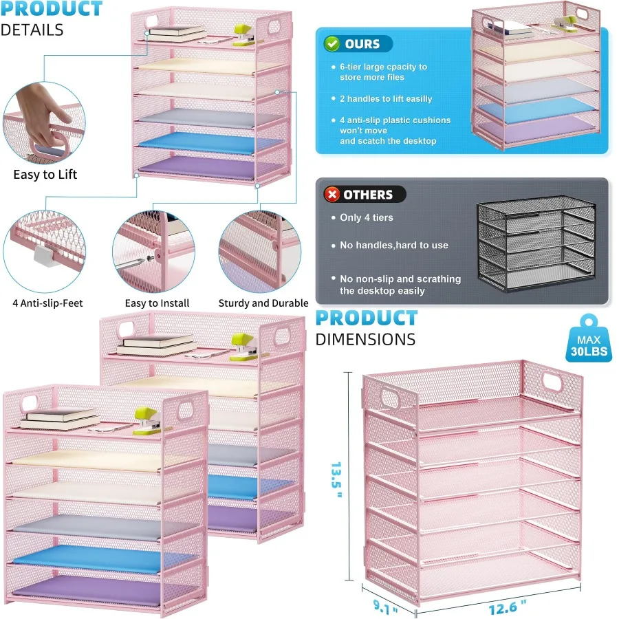 Marbrasse 2 حزمة منظم مكتب مع مقبض 6 طبقات ورقة رسالة صينية شبكة مكتب منظم الملفات للاستخدام المكتبي والمدرسة والمنزلي - #1