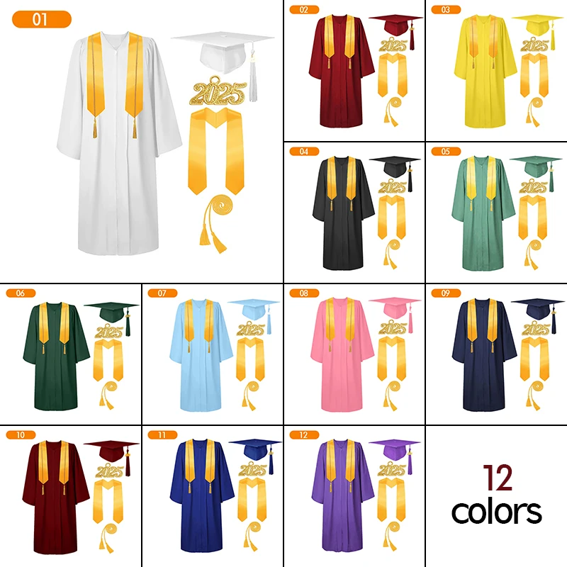 2025 الكبار زي التخرج درجة البكالوريوس ثوب الأكاديمية موحدة صبي فتاة التخرج التصوير أداء رداء طقم قبعات