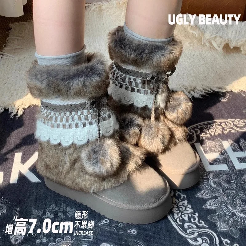 

Fashion Women's Boots Thick Soled Height Increased Snow Boots for Women 2024 Winter With Fur Balls Plush and Thick Cotton Shoes