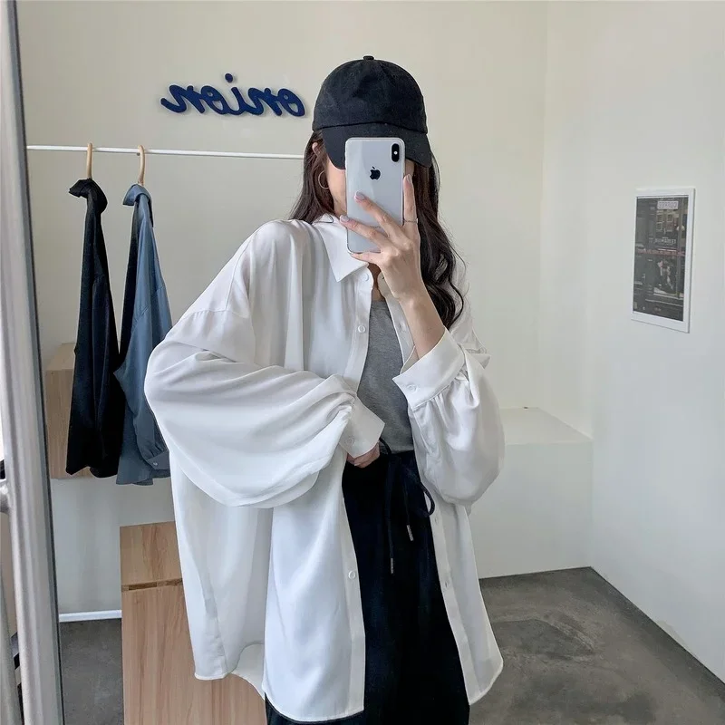 Women Shirt Oversize Spring Summer 2024 Elegant Blouses for Women Lantern Women Tunic Sleeve White Shirt Mid-length Shir Coat