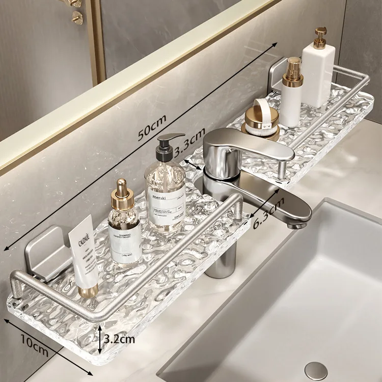 Light Luxury Sink Storage Rack, Silver Bathroom Counter & Mirror Front Faucet Organizer, No Drilling Required