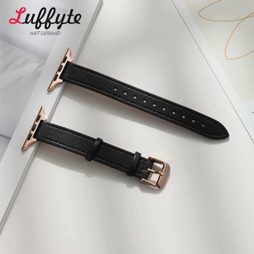 Schlankes Lederarmband für Apple Watch 1–10 Ultra SE 2, Damenarmband mit roségoldener Schnalle, 38 40 41 42 44 45 46 49 mm – Detail 6