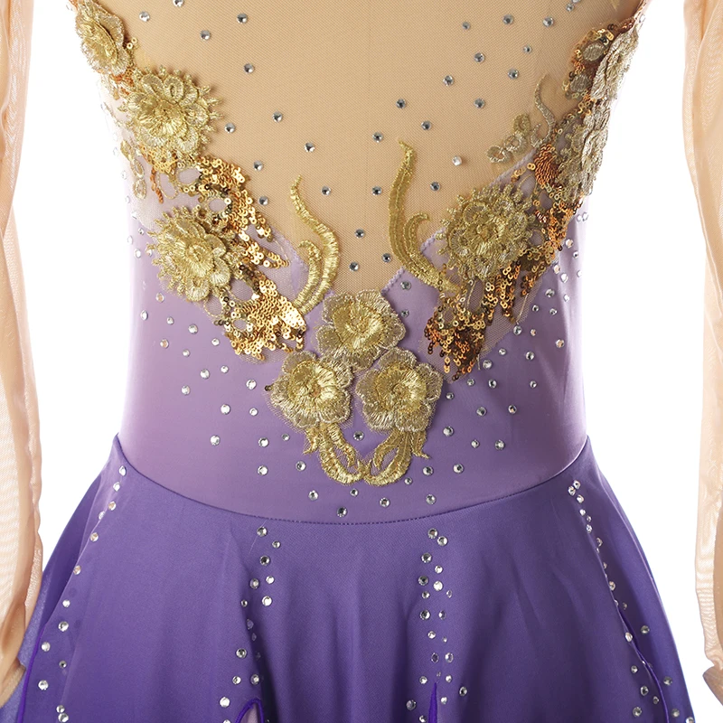 Figure skating performance outfit, skating outfit, competition dress, purple gradient gold floral long sleeved shirt view 6