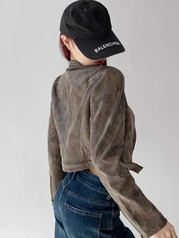 แจ็คเก็ตหนังวินเทจสไตล์สตรีท ทรงเข้ารูป ซิปหน้า สำหรับผู้หญิง สไตล์ไบค์เกอร์ สีแดง แนวเรโทร สำหรับสาวสุดฮอต แจ็คเก็ตมอเตอร์ไซค์แบบมีซิป