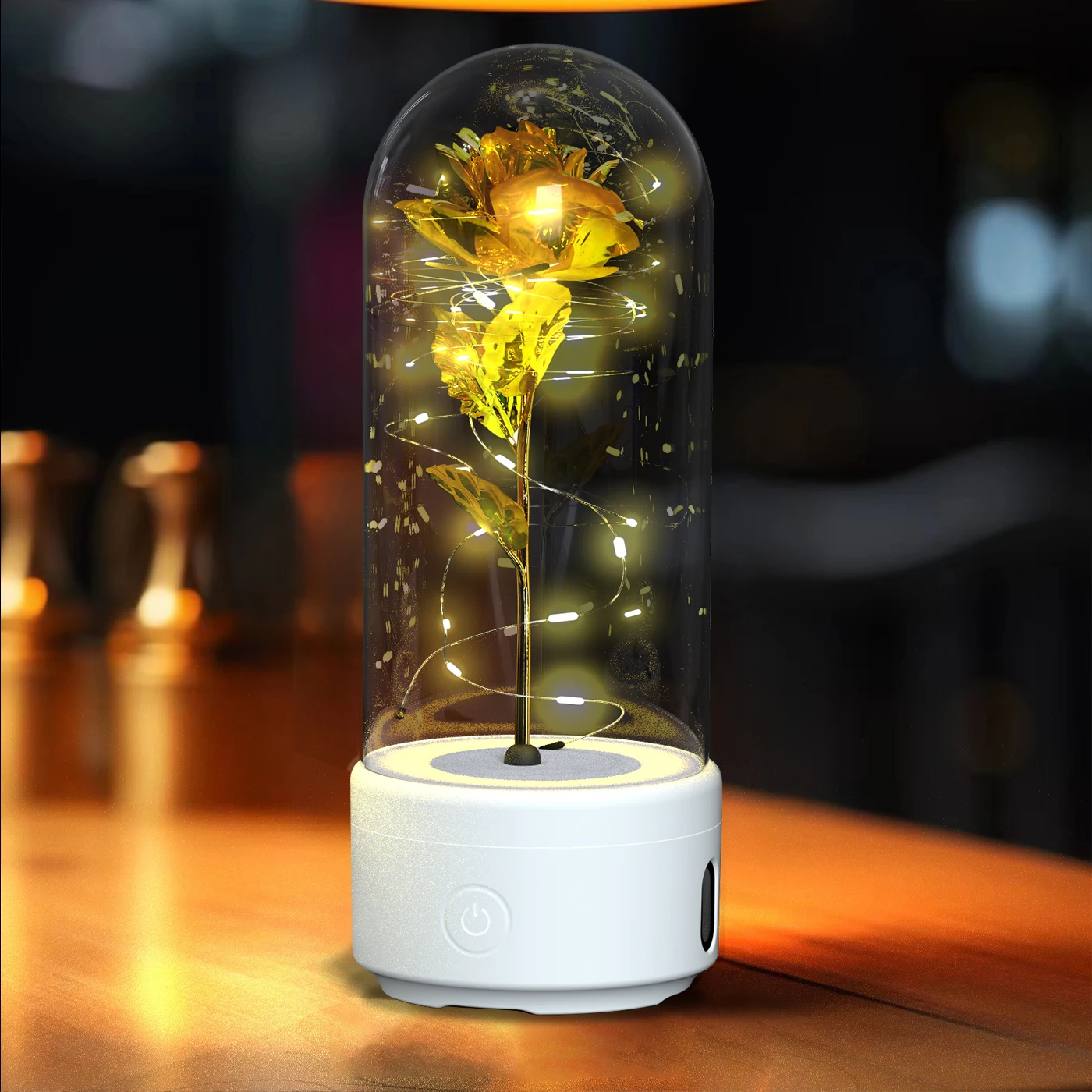 Creative 2 In 1 Rose Flowers LED Light And Bluetooth Speaker Valentine's Day Gift Rose Luminous Night Light Ornament In Glass Co