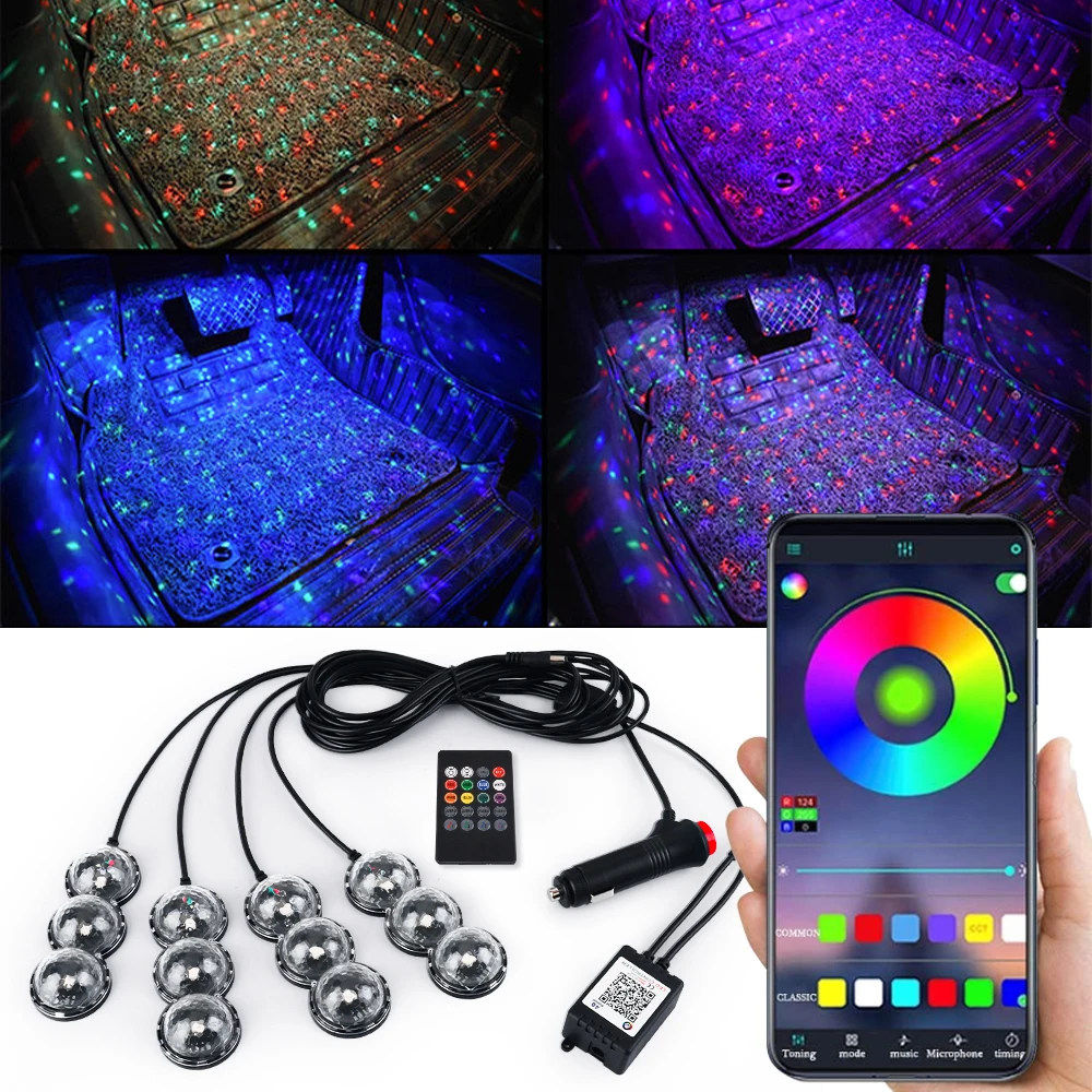 Ambient Light Car LED Footlight RGB Starry Projector Lamp Multiple Mode Atmosphere Decoration Cigarette App/Remote Music Control