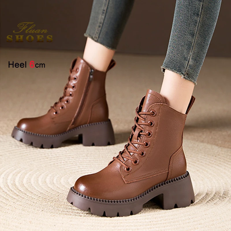 

Осенне-зимние женские полусапожки из натуральной кожи в стиле ретро, повседневные ботильоны на массивном каблуке 6 см со шнуровкой, модная обувь на толстой платформе