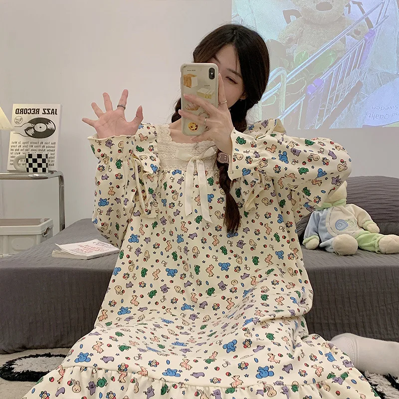 Large Size Dress Maternity Spring Summer Nightgown Cotton Long-Sleeved Pajamas Long Section Kawaii Floral Casual Simple Homewear