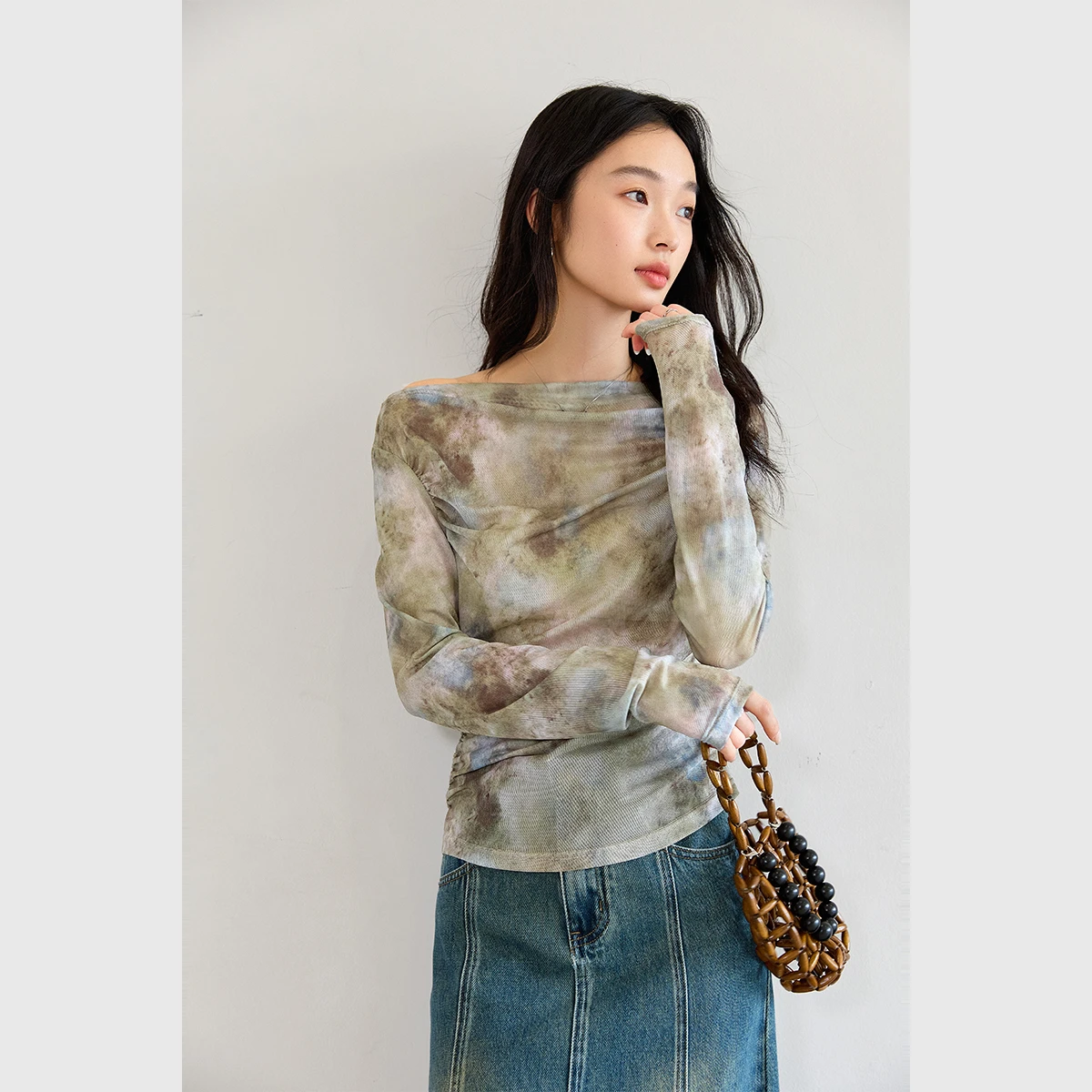 VIMLY vrouwen Gedrukt Mesh T-shirt Dames Elegante Tops 2025 Mode Slim-fit Lange Mouw T-shirt voor Vrouw kleding A0085