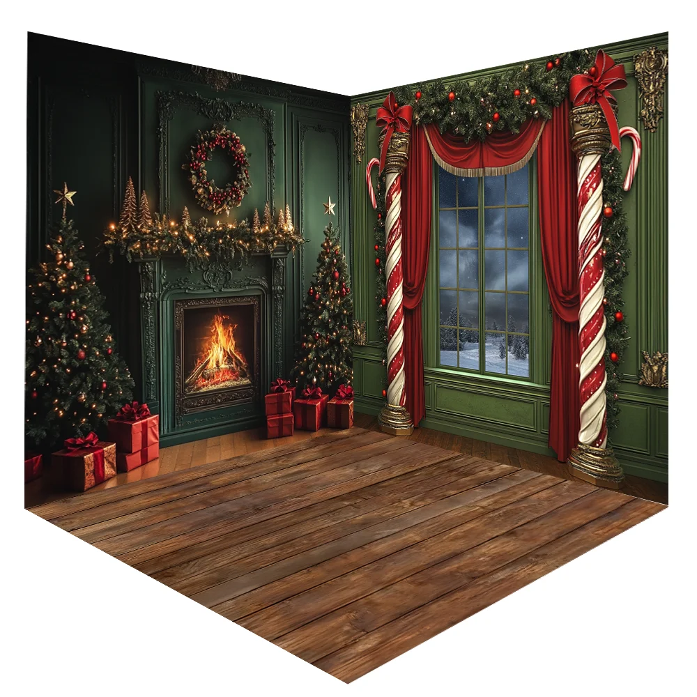 

Photography Background Winter Christmas Fireplace Window Xmas Tree Children Family Portrait Decor Backdrop Photo Studio