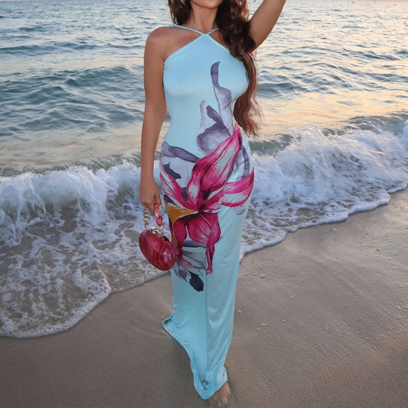 BKLD Summer Beach Holiday Female Floral Print Elegant Tank Dress Sexy Halter Sleeveless Off-shoulder Open Back Sheath Maxi Dress