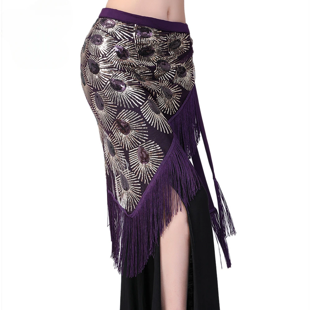 

Belly dance fringed sequined waist chain Latin dance triangle scarf practice costume performance lace skirt