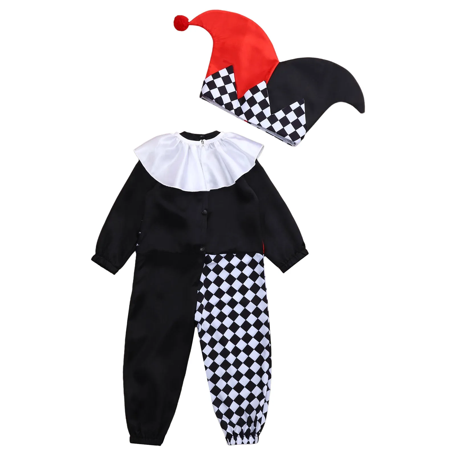 Baby Halloween Clown Costume Long Sleeve Pompom Plaid Jumpsuit Romper with Ruffle Collar Clown Hat Carnival Party Fancy Dress Up