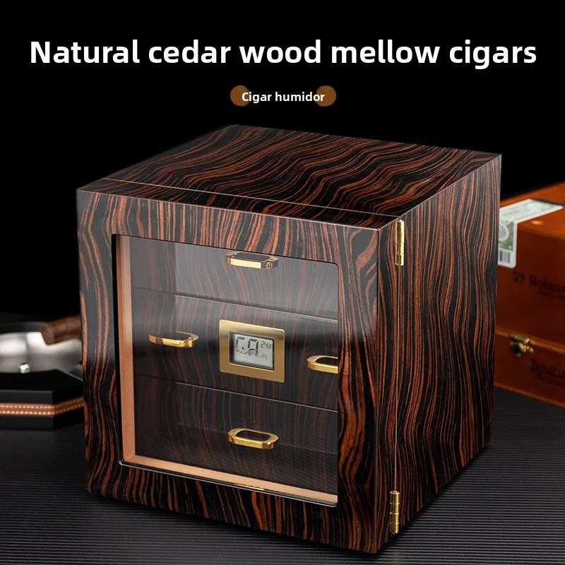 Large Capacity Cigar Humidor 70 Cigars,Cedar Wood Multi-Drawer Cabinet,Hygrometer&Humidifier,Glass Window Desktop Storage Box