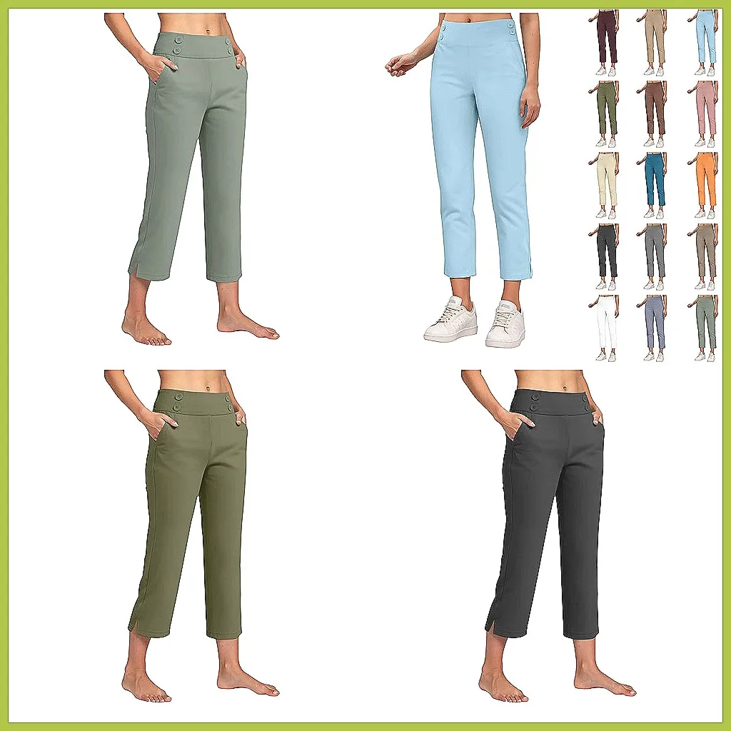 

Women's High Waist Cropped Pants, Elastic Waistband Casual Work Pants with Button Decoration