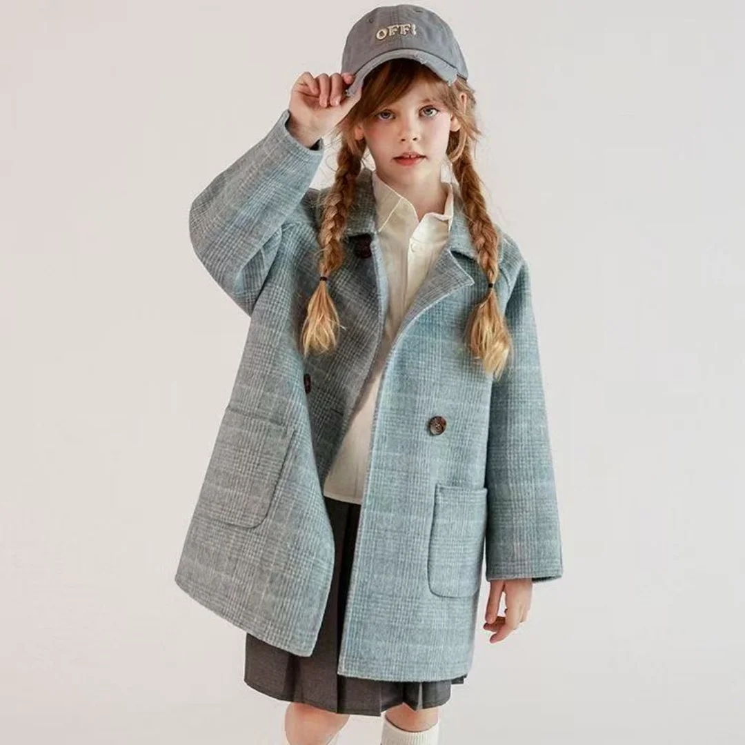 Teenager Girls Autumn Winter Coat New Fashion Children's Double-Sided Wool Plaid Trench Coat Mid-Long Blazer Collar Outerwear