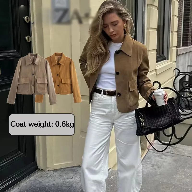 

2025 Autumn Woman's Solid Brown Suede Coat Long Sleeve 2 Pockets Lapel Texture Female Crop Jacket Fashion High Street