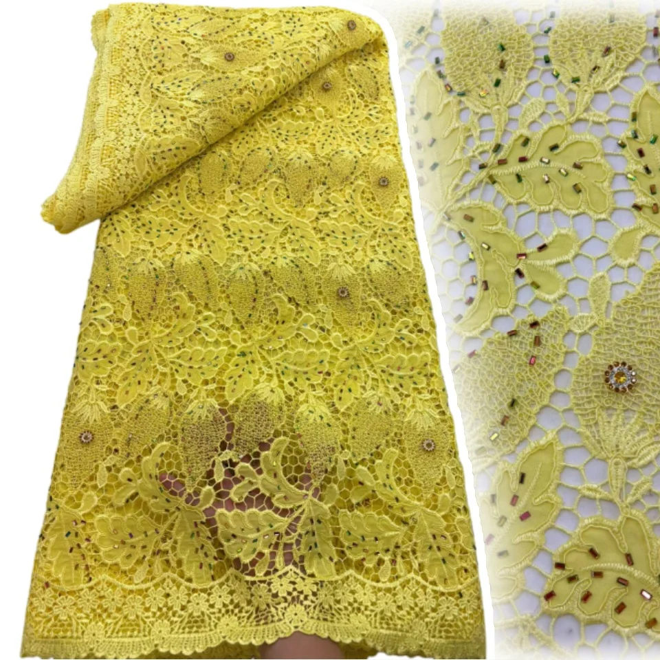

African Stones Guipure Lace Fabrics 5 Yards 2026 High Quality Nigerian Water Soluble Lace for Women Wedding Dresses AA2973