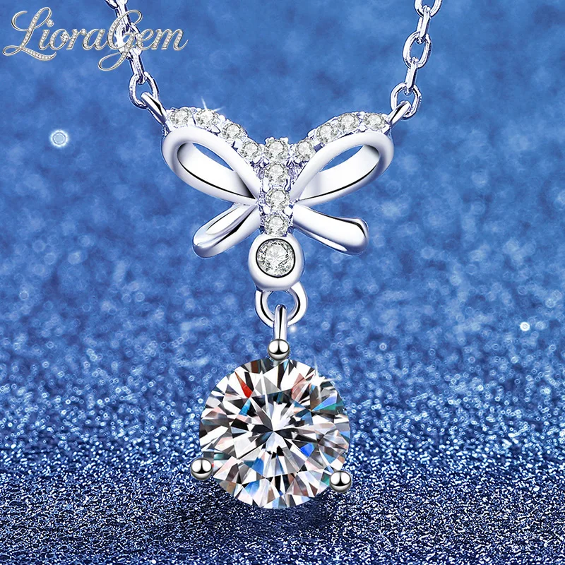 LioraGem Unique Moissanite Necklace for Women, Versatile Collar Chain with Bow and Fringe Pendant Platinum PT950 Stamp