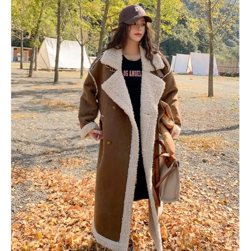 Winter Vintage Suede Lamb Double-faced Fur Coat Brown Women Stand Collar Full Sleeve Below Knee Furry Warm Long Jacket Outerwear