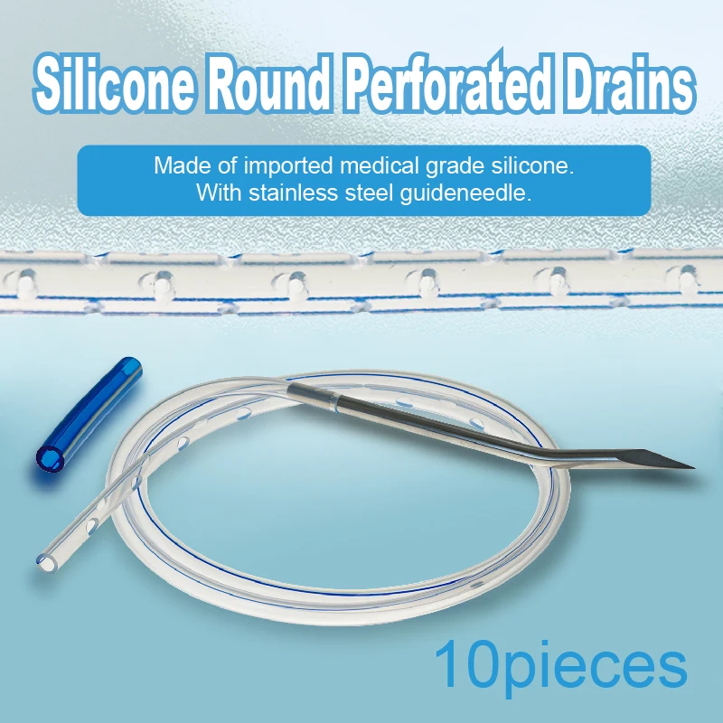 Veterinary 100% Medical Silicone Round Perforated Drains With Trocar And Display Line 10Psc  8Sizes 10 12 14 16 18 20 22 24Fr