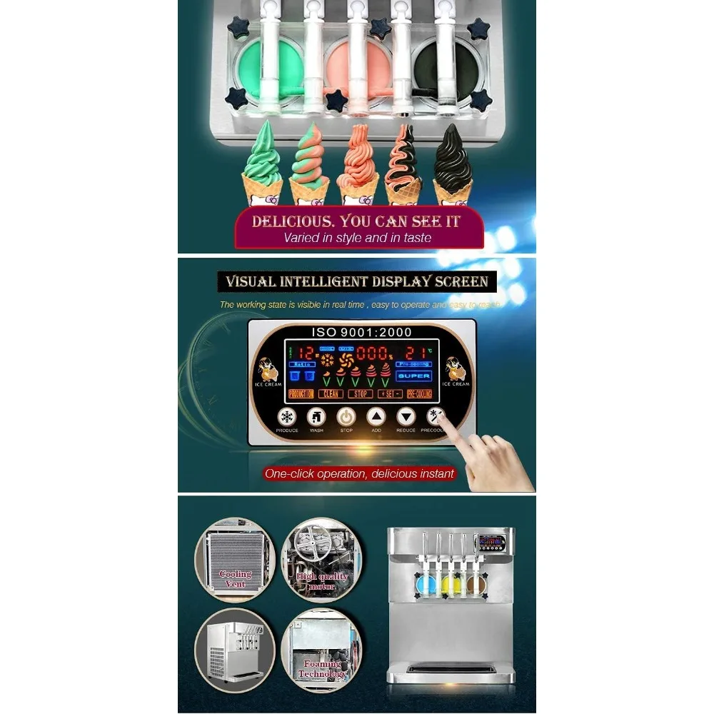 Commercial desktop soft ice cream machine,5 different discharge nozzles,upper water tank for refrigeration,transparent dispenser