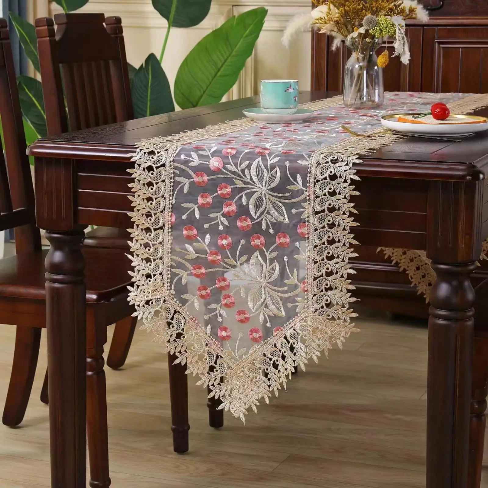 

Lace Table Runner Floral Embroidery Fabric Rustic Table Runners Elegant Chic Table Transparent Cover for Home Dining Table Decor
