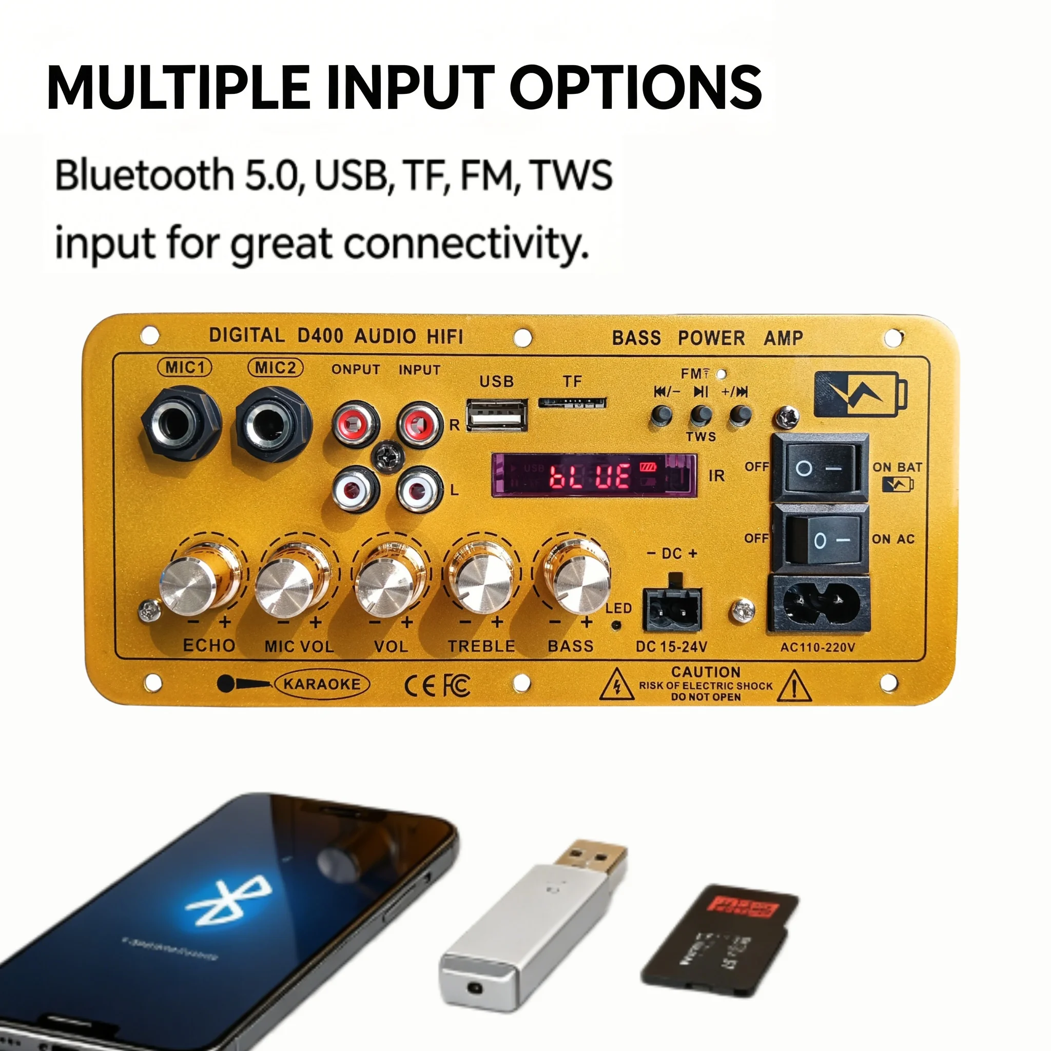 Woopker D400 Mono Bluetooth Amplifier Board 100W Power Home Amplification Dual Mic Battery Rechargeable Digital Amplifier Board view 4